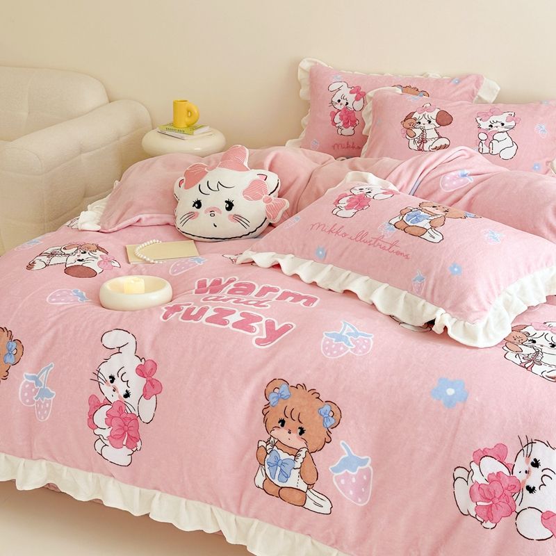 工ガ割-アニメmikko三点セットレース厚手ミルクパイル布団シーツ少女サンゴパイル四点セット冬モデル
