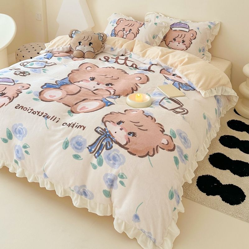 工ガ割-アニメmikko三点セットレース厚手ミルクパイル布団シーツ少女サンゴパイル四点セット冬モデル