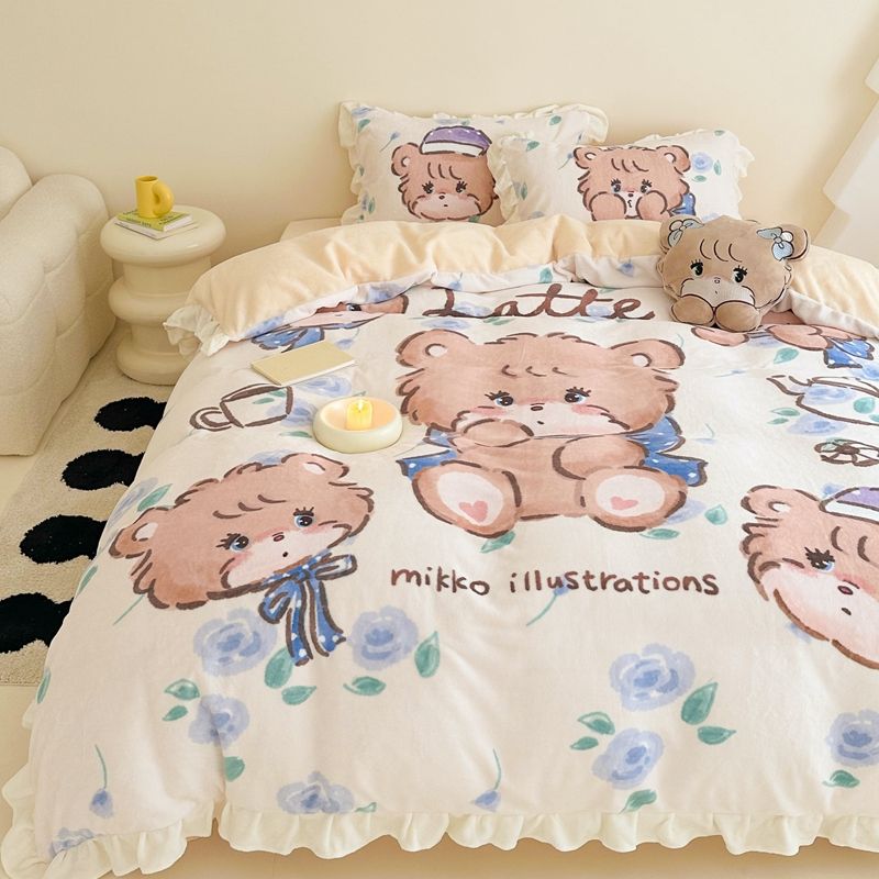 工ガ割-アニメmikko三点セットレース厚手ミルクパイル布団シーツ少女サンゴパイル四点セット冬モデル