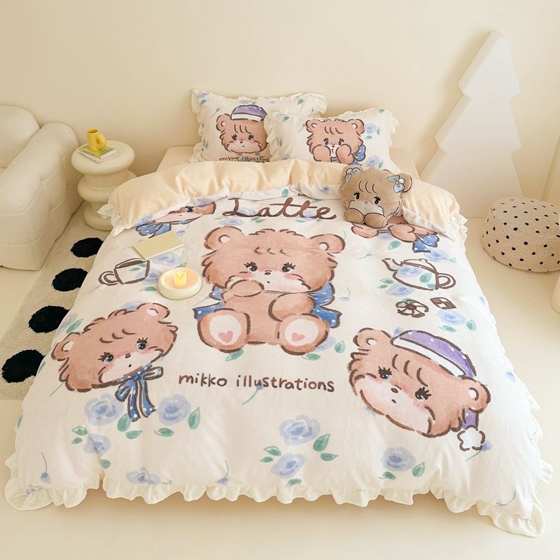工ガ割-アニメmikko三点セットレース厚手ミルクパイル布団シーツ少女サンゴパイル四点セット冬モデル