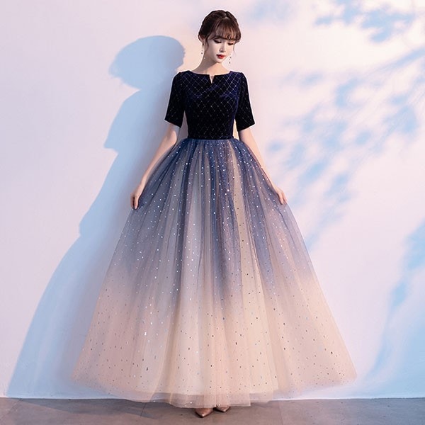 演奏会 結婚式 母親 ドレス ピアノ発表会 黒 袖付き グラデーション ワンピース 半袖 演奏会ドレス 演奏会用ドレス パーティードレス イブニングドレス ロング丈 大きいサイズ 小さいサイズ フォー