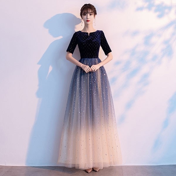 演奏会 結婚式 母親 ドレス ピアノ発表会 黒 袖付き グラデーション ワンピース 半袖 演奏会ドレス 演奏会用ドレス パーティードレス イブニングドレス ロング丈 大きいサイズ 小さいサイズ フォー