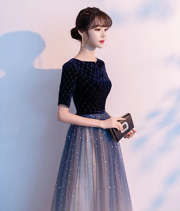 演奏会 結婚式 母親 ドレス ピアノ発表会 黒 袖付き グラデーション ワンピース 半袖 演奏会ドレス 演奏会用ドレス パーティードレス イブニングドレス ロング丈 大きいサイズ 小さいサイズ フォー