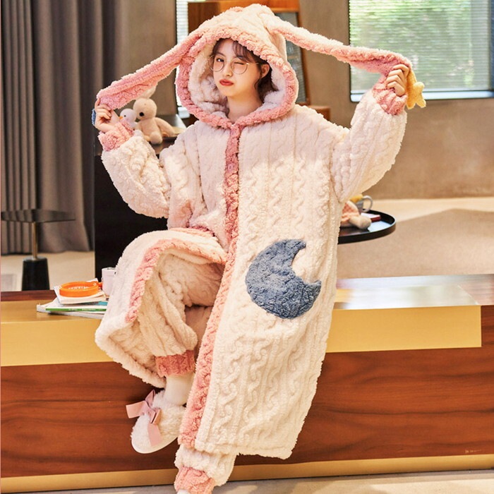もこもこ モコモコ ガウン＋パンツ 2点セット ツーピース ルームウェア レディース ホームウェア 部屋着 寝巻き パジャマ ルームワンピース フード付き フード 耳付き うさ耳 うさぎ