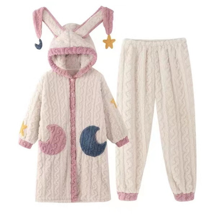もこもこ モコモコ ガウン＋パンツ 2点セット ツーピース ルームウェア レディース ホームウェア 部屋着 寝巻き パジャマ ルームワンピース フード付き フード 耳付き うさ耳 うさぎ