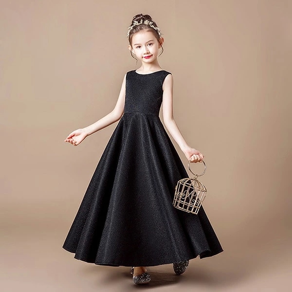 ピアノ発表会 ドレス 中学生 ワンピース ジュニアドレス 七五三 子供ドレス ブラック 黒 ロング丈 キッズドレス お姫様 着やせ バイオリン 160 袖なし フォーマル用 ノースリーブ ピアノコンク