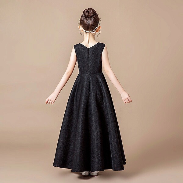 ピアノ発表会 ドレス 中学生 ワンピース ジュニアドレス 七五三 子供ドレス ブラック 黒 ロング丈 キッズドレス お姫様 着やせ バイオリン 160 袖なし フォーマル用 ノースリーブ ピアノコンク