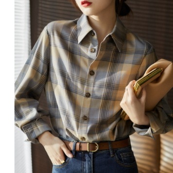 チェック柄長袖シャツ トップス シャツ ブラウス ロング丈 長袖 襟付き ストレート ポケット