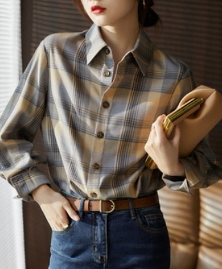 チェック柄長袖シャツ トップス シャツ ブラウス ロング丈 長袖 襟付き ストレート ポケット