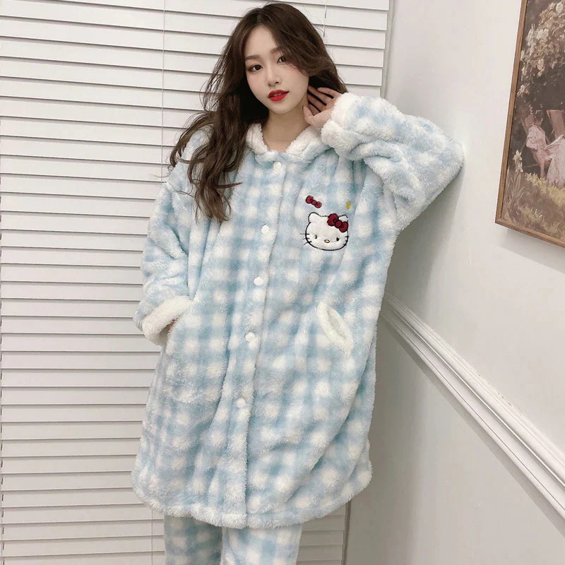 Insサンゴのベルベットの寝衣の女性の冬の帽子の保温Ins ハローキティ コーラル ベルベット パジャマ レディース 秋冬 フード付き チェック柄 Kt 猫 ぬいぐるみ ホームウェア セット