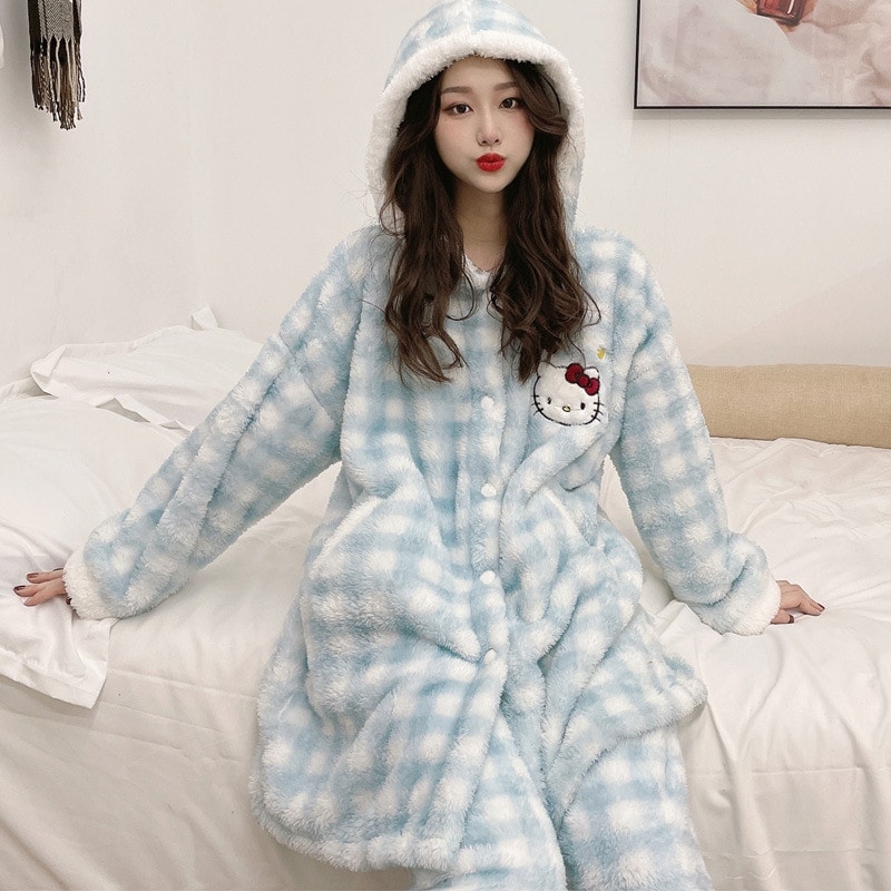 Insサンゴのベルベットの寝衣の女性の冬の帽子の保温Ins ハローキティ コーラル ベルベット パジャマ レディース 秋冬 フード付き チェック柄 Kt 猫 ぬいぐるみ ホームウェア セット