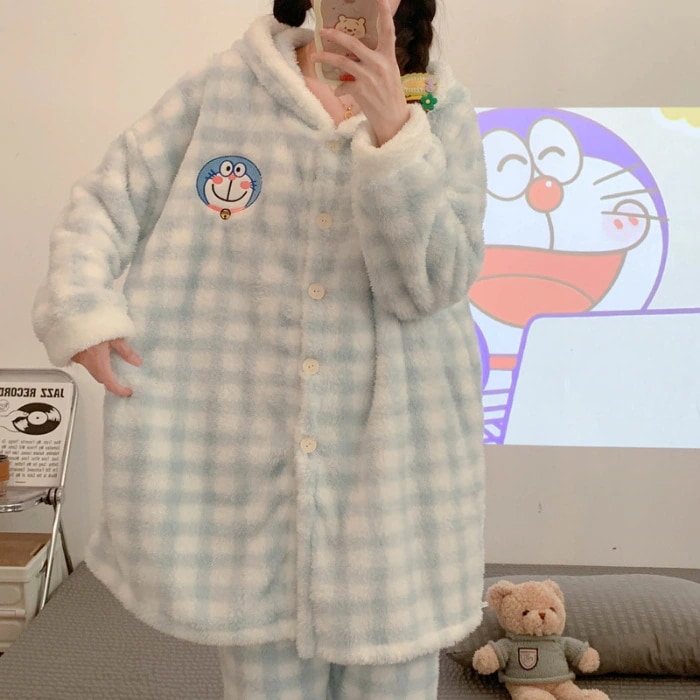 Insサンゴのベルベットの寝衣の女性の冬の帽子の保温Ins ハローキティ コーラル ベルベット パジャマ レディース 秋冬 フード付き チェック柄 Kt 猫 ぬいぐるみ ホームウェア セット