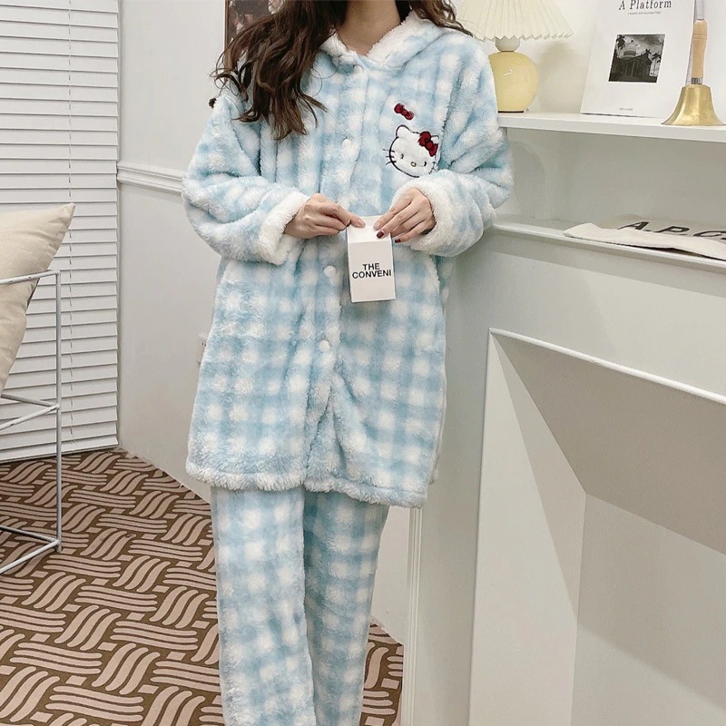 Insサンゴのベルベットの寝衣の女性の冬の帽子の保温Ins ハローキティ コーラル ベルベット パジャマ レディース 秋冬 フード付き チェック柄 Kt 猫 ぬいぐるみ ホームウェア セット