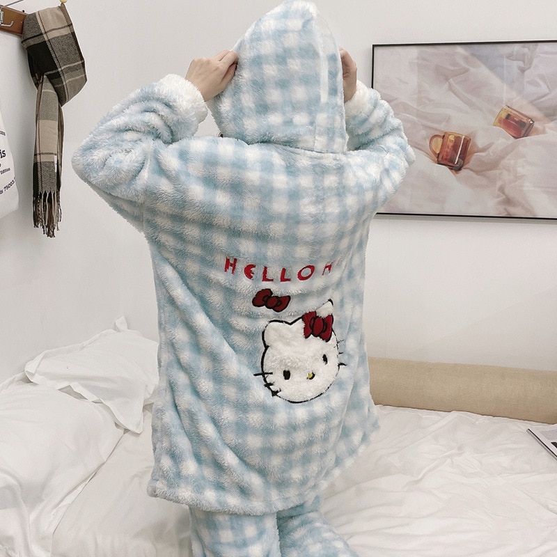 Insサンゴのベルベットの寝衣の女性の冬の帽子の保温Ins ハローキティ コーラル ベルベット パジャマ レディース 秋冬 フード付き チェック柄 Kt 猫 ぬいぐるみ ホームウェア セット
