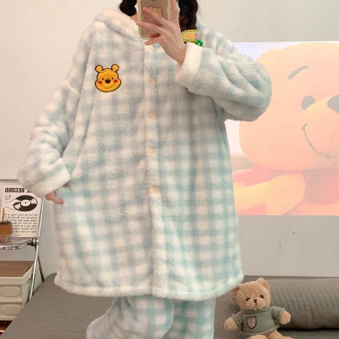 Insサンゴのベルベットの寝衣の女性の冬の帽子の保温Ins ハローキティ コーラル ベルベット パジャマ レディース 秋冬 フード付き チェック柄 Kt 猫 ぬいぐるみ ホームウェア セット