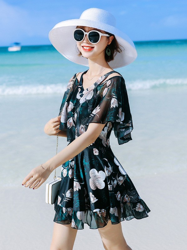 ワンピース水着 セクシー レディース 水着 半袖 体型カバー 2点セット 可愛い 痩せ見え リゾート 温泉 ビーチ プール 海 水泳 花柄 セパレート オトナ女子 かわいい おしゃれ