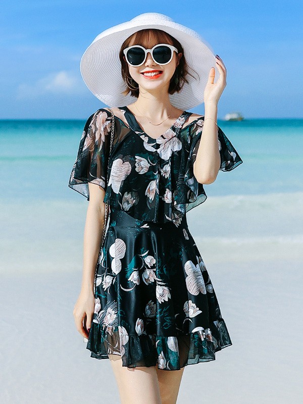 ワンピース水着 セクシー レディース 水着 半袖 体型カバー 2点セット 可愛い 痩せ見え リゾート 温泉 ビーチ プール 海 水泳 花柄 セパレート オトナ女子 かわいい おしゃれ