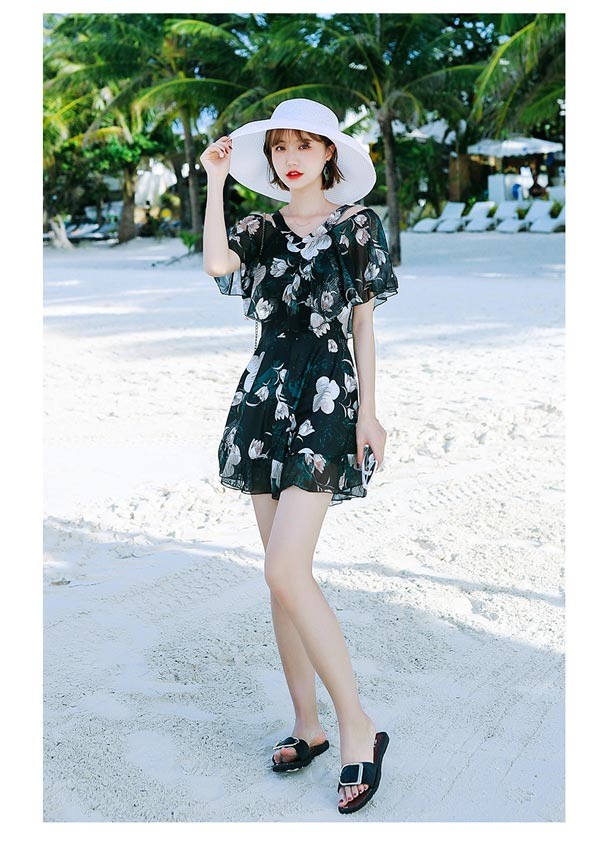 ワンピース水着 セクシー レディース 水着 半袖 体型カバー 2点セット 可愛い 痩せ見え リゾート 温泉 ビーチ プール 海 水泳 花柄 セパレート オトナ女子 かわいい おしゃれ