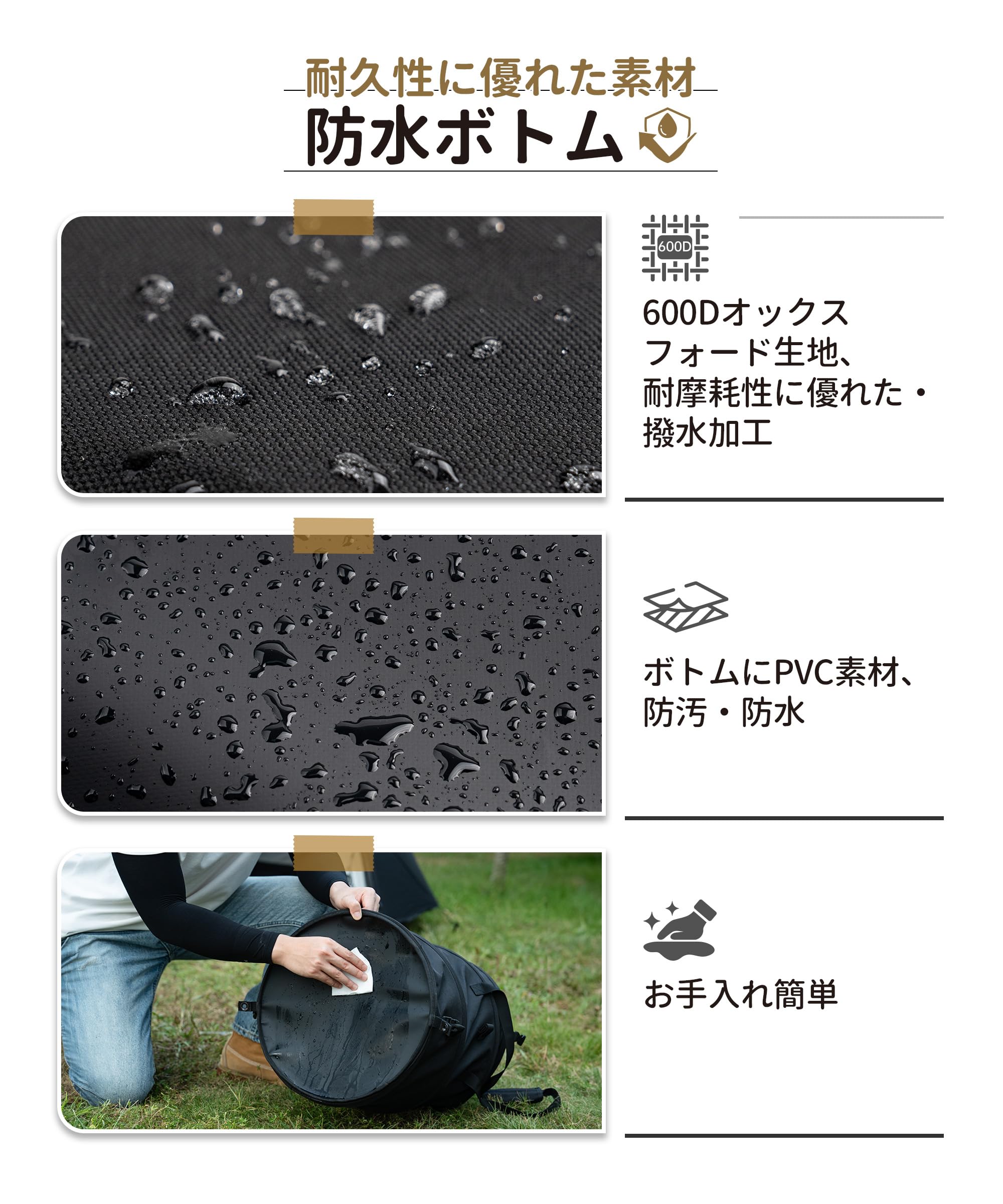 OneTigris キャンプゴミ箱 45L アウトドアギアボックス ソフト ポップアップ 折りたたみ式 蓋付き ゴミ分別可能 防水ボトム 撥水 ペグ打つ可能 風に強い 多機能 ブラック