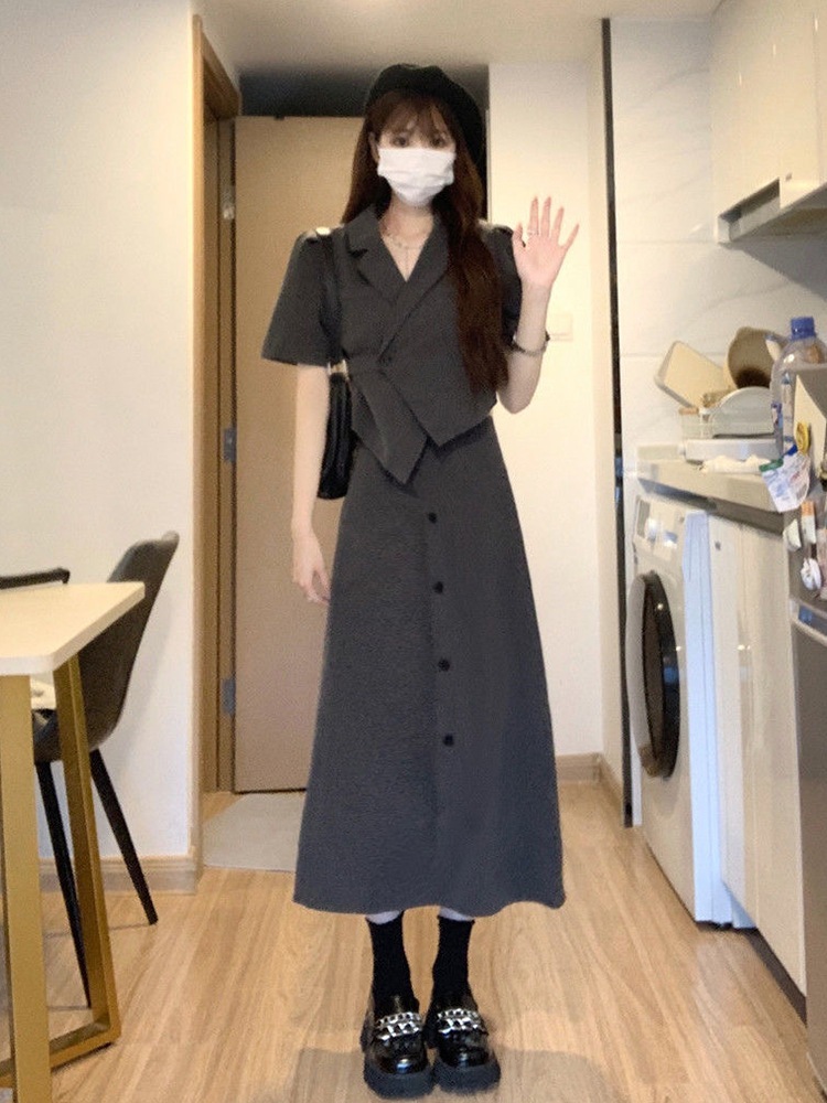 スカートスーツスーツスーツスカートプロフェッショナルスーツ韓国版夏の薄い部分スーツジャケット レディーススカートファッションスーツ 2024夏新しいスタイルグレーのスーツ子供ドレス