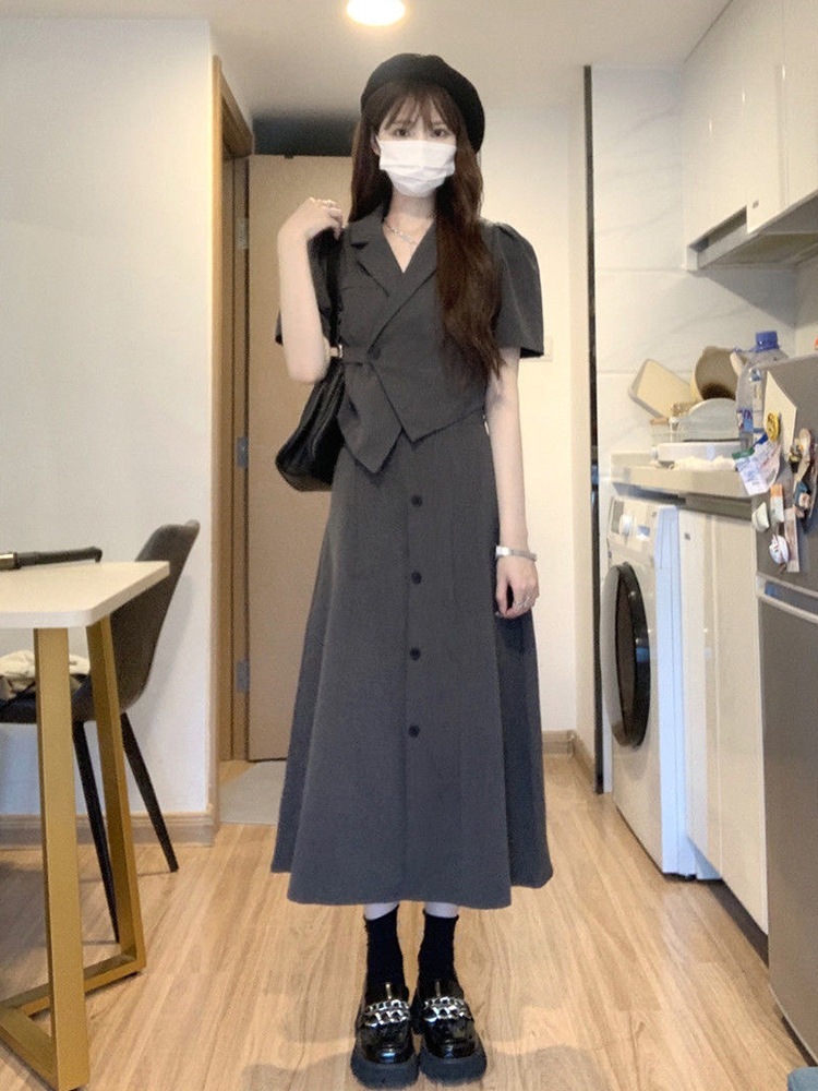 スカートスーツスーツスーツスカートプロフェッショナルスーツ韓国版夏の薄い部分スーツジャケット レディーススカートファッションスーツ 2024夏新しいスタイルグレーのスーツ子供ドレス