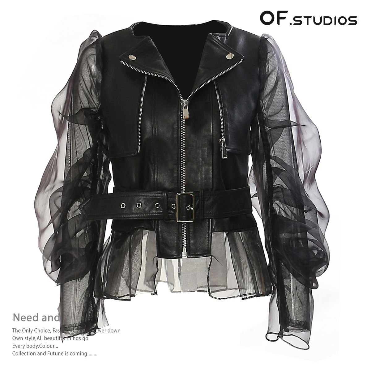 Hot!!!【Europe Style.OF】 チュール袖 ライダース ジャケット おしゃれ レディース アウター レザージャケット