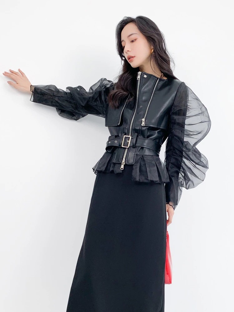 Hot!!!【Europe Style.OF】 チュール袖 ライダース ジャケット おしゃれ レディース アウター レザージャケット
