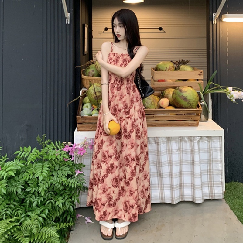 フランスの花柄サスペンダードレス女性用2025年夏新デザインウエストファッショナブルストラップミドル丈スカート