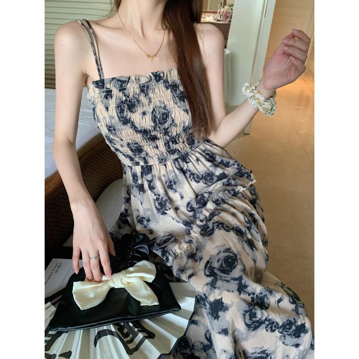 フランスの花柄サスペンダードレス女性用2025年夏新デザインウエストファッショナブルストラップミドル丈スカート