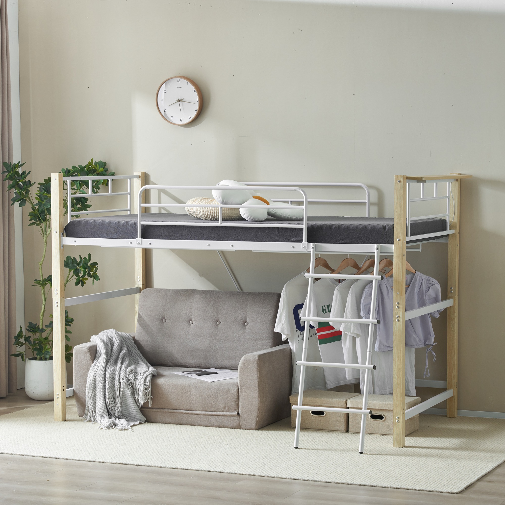 【国内発送&送·料·無·料】【高さ140cm】ロフトベッド パイプベッド シングル 耐荷重150kg システムベッド ロータイプ ミドルタイプ 棚 収納 北欧風 大人 一人暮らし ハンガーポール4本付