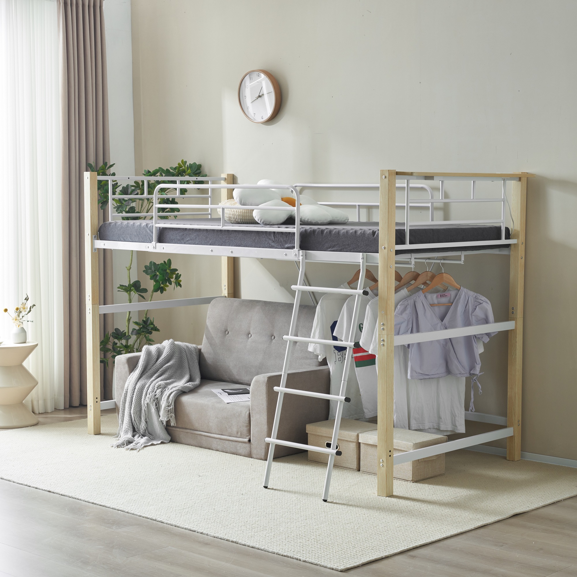 【国内発送&送·料·無·料】【高さ140cm】ロフトベッド パイプベッド シングル 耐荷重150kg システムベッド ロータイプ ミドルタイプ 棚 収納 北欧風 大人 一人暮らし ハンガーポール4本付