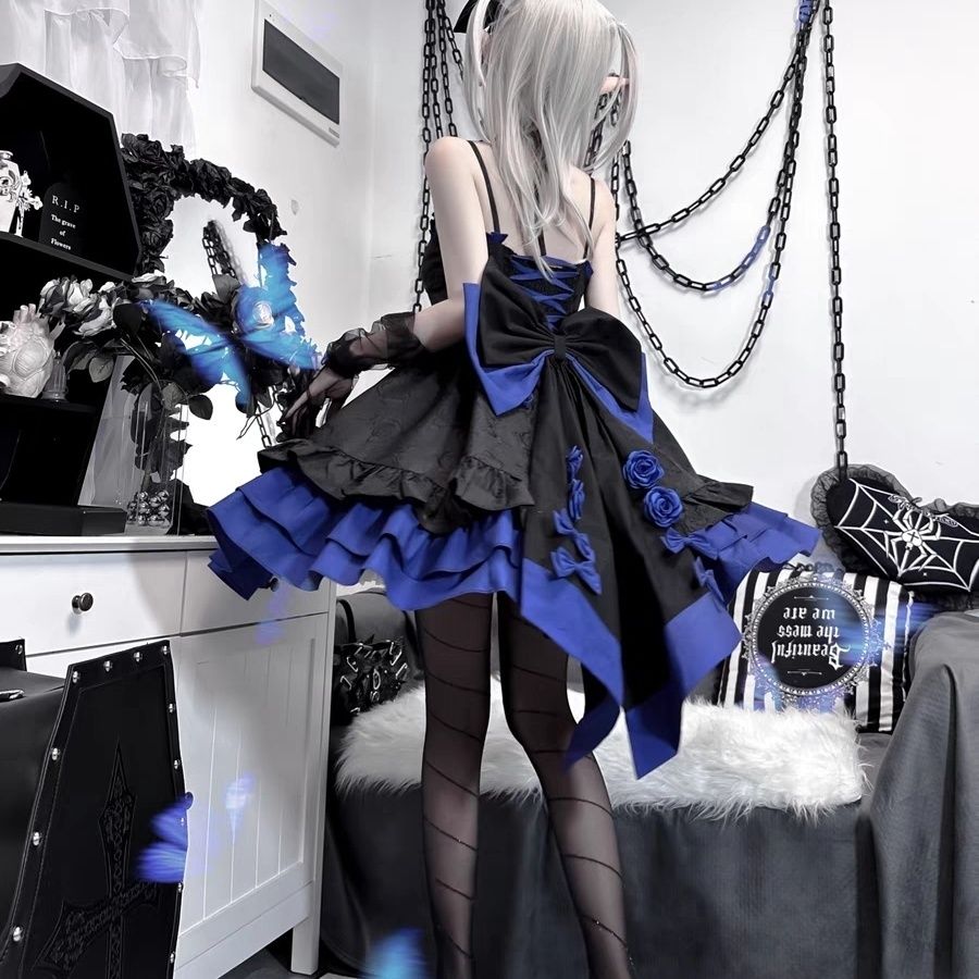 ロリータサスペンダードレス ロリータツイン ブラック レッド ブラック ブルー ダークゴシック風 サスペンダースカート