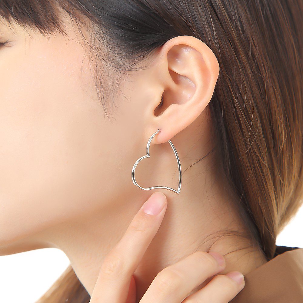 18金 K18 フープ ピアス オープン ハート レディース ホワイトゴールド 直径 35mm 両耳