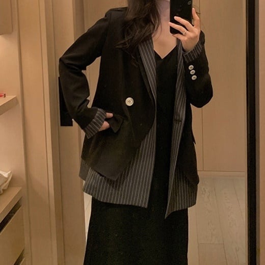 ジャケット レディース テーラードジャケット チェック マニッシュ バイカラー ストライプ フェイクレイヤード アウター ミディアム丈 オーバーサイズ 韓国風 軽い 冬服 アウター 暖かい lout0