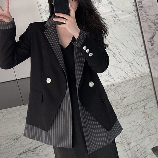 ジャケット レディース テーラードジャケット チェック マニッシュ バイカラー ストライプ フェイクレイヤード アウター ミディアム丈 オーバーサイズ 韓国風 軽い 冬服 アウター 暖かい lout0