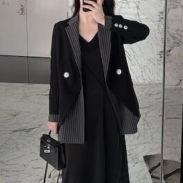 ジャケット レディース テーラードジャケット チェック マニッシュ バイカラー ストライプ フェイクレイヤード アウター ミディアム丈 オーバーサイズ 韓国風 軽い 冬服 アウター 暖かい lout0