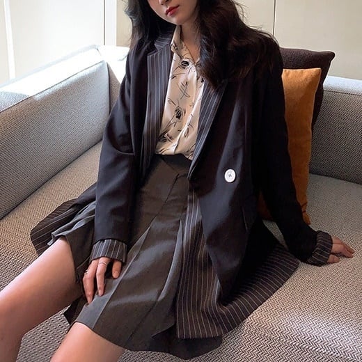 ジャケット レディース テーラードジャケット チェック マニッシュ バイカラー ストライプ フェイクレイヤード アウター ミディアム丈 オーバーサイズ 韓国風 軽い 冬服 アウター 暖かい lout0