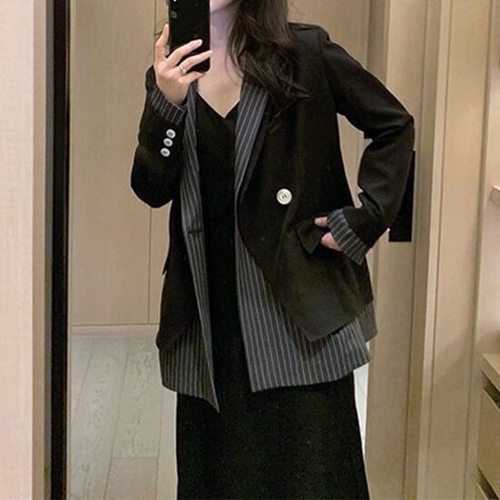 ジャケット レディース テーラードジャケット チェック マニッシュ バイカラー ストライプ フェイクレイヤード アウター ミディアム丈 オーバーサイズ 韓国風 軽い 冬服 アウター 暖かい lout0