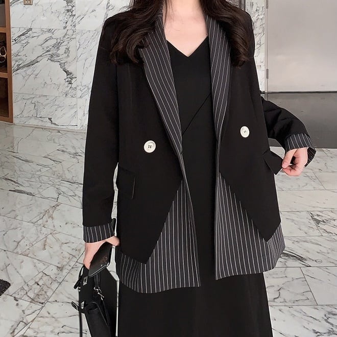 ジャケット レディース テーラードジャケット チェック マニッシュ バイカラー ストライプ フェイクレイヤード アウター ミディアム丈 オーバーサイズ 韓国風 軽い 冬服 アウター 暖かい lout0