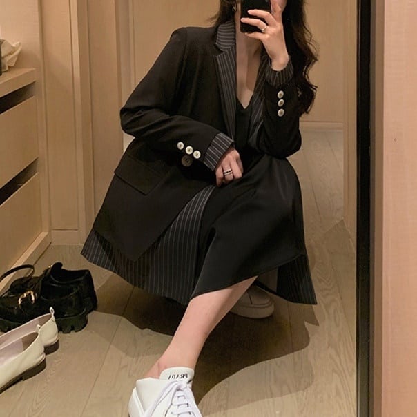 ジャケット レディース テーラードジャケット チェック マニッシュ バイカラー ストライプ フェイクレイヤード アウター ミディアム丈 オーバーサイズ 韓国風 軽い 冬服 アウター 暖かい lout0