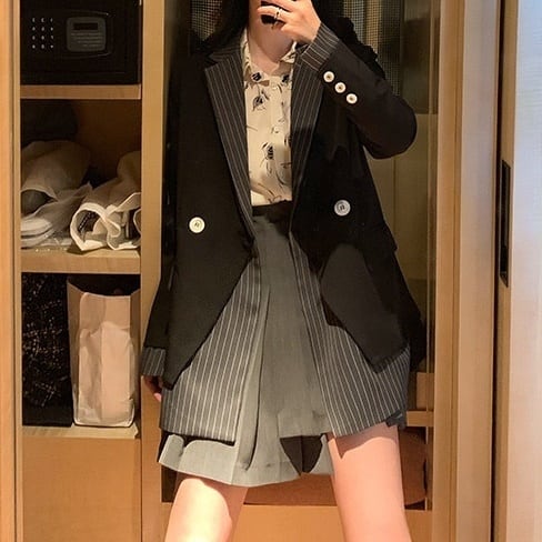 ジャケット レディース テーラードジャケット チェック マニッシュ バイカラー ストライプ フェイクレイヤード アウター ミディアム丈 オーバーサイズ 韓国風 軽い 冬服 アウター 暖かい lout0