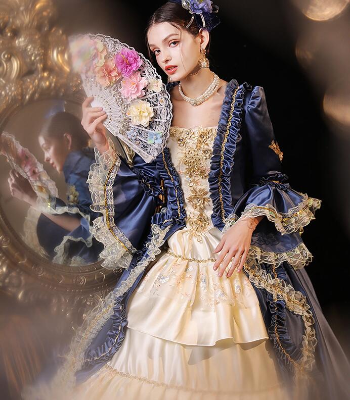 プリンセスドレス パーティードレス ステージ衣装 貴婦人 お嬢様 ワンピース 中世貴族風 貴族ドレス 宮廷ドレス ロングドレス 可愛い フレア袖 ハロウィン クリスマス 撮影 演奏会 司会 演出服 オ