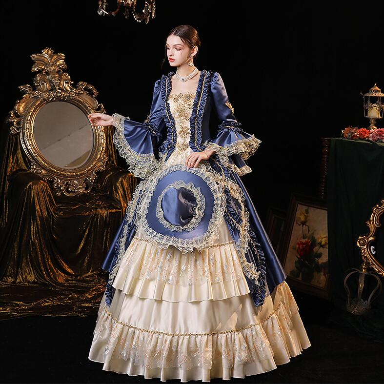 プリンセスドレス パーティードレス ステージ衣装 貴婦人 お嬢様 ワンピース 中世貴族風 貴族ドレス 宮廷ドレス ロングドレス 可愛い フレア袖 ハロウィン クリスマス 撮影 演奏会 司会 演出服 オ