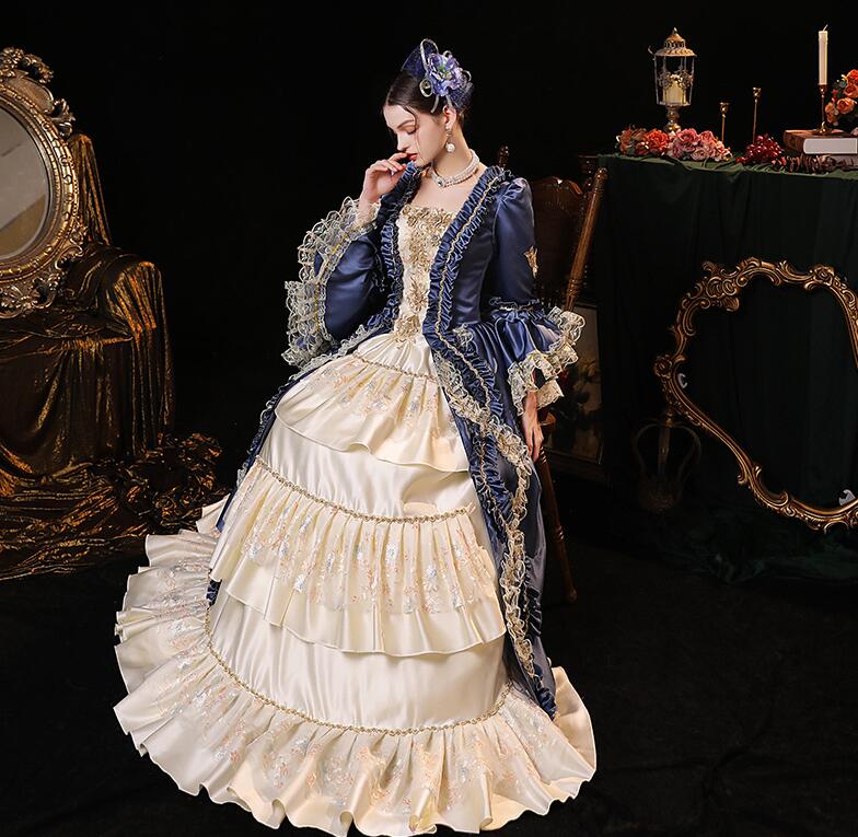 プリンセスドレス パーティードレス ステージ衣装 貴婦人 お嬢様 ワンピース 中世貴族風 貴族ドレス 宮廷ドレス ロングドレス 可愛い フレア袖 ハロウィン クリスマス 撮影 演奏会 司会 演出服 オ