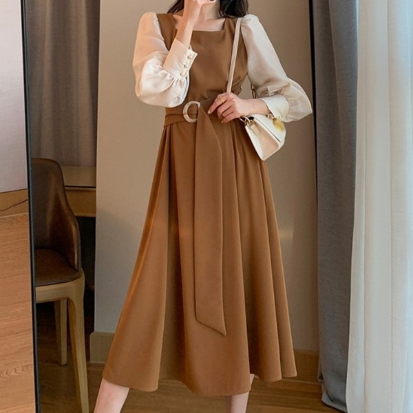 フェイクレイヤードスクエアネックドレス レディース ワンピース ドレス フレアスカート ロングスカート ロング 長袖 パフスリーブ スクエアネック Aライン ベルト バイカラー 大人可愛い きれいめ フェイクレイヤードスクエアネックドレス レディース ワンピース ドレス フレアスカート ロングスカート ロング 長袖 パフスリーブ スクエアネック Aライン ベルト バイカラー 大人可愛い きれいめ