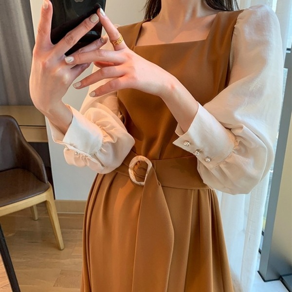 フェイクレイヤードスクエアネックドレス レディース ワンピース ドレス フレアスカート ロングスカート ロング 長袖 パフスリーブ スクエアネック Aライン ベルト バイカラー 大人可愛い きれいめ フェイクレイヤードスクエアネックドレス レディース ワンピース ドレス フレアスカート ロングスカート ロング 長袖 パフスリーブ スクエアネック Aライン ベルト バイカラー 大人可愛い きれいめ