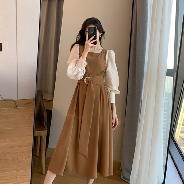 フェイクレイヤードスクエアネックドレス レディース ワンピース ドレス フレアスカート ロングスカート ロング 長袖 パフスリーブ スクエアネック Aライン ベルト バイカラー 大人可愛い きれいめ フェイクレイヤードスクエアネックドレス レディース ワンピース ドレス フレアスカート ロングスカート ロング 長袖 パフスリーブ スクエアネック Aライン ベルト バイカラー 大人可愛い きれいめ