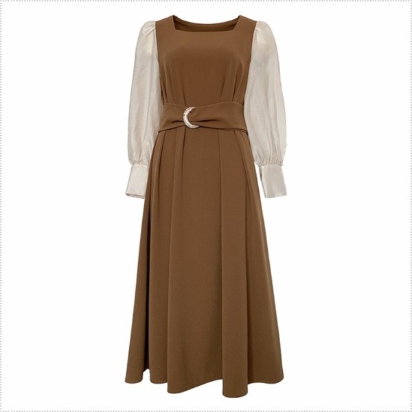 フェイクレイヤードスクエアネックドレス レディース ワンピース ドレス フレアスカート ロングスカート ロング 長袖 パフスリーブ スクエアネック Aライン ベルト バイカラー 大人可愛い きれいめ フェイクレイヤードスクエアネックドレス レディース ワンピース ドレス フレアスカート ロングスカート ロング 長袖 パフスリーブ スクエアネック Aライン ベルト バイカラー 大人可愛い きれいめ