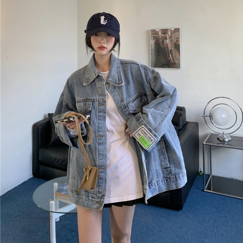 ロゴパッチデニムジャケット デニムジャケット オーバーサイズ デニム ジャケット コート アウター オルチャン 韓国 レディース a4006