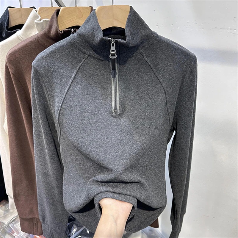 ゆったりスウェット双面德绒纯色拉链半开衫立领长袖卫衣女2025秋春简约上衣パーカー韓国ファッション ゆったりスウェット双面德绒纯色拉链半开衫立领长袖卫衣女2025秋春简约上衣パーカー韓国ファッション